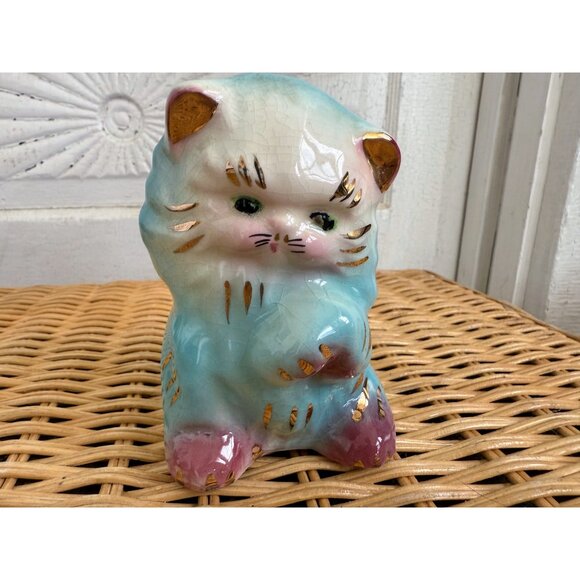 Vintage 50's Blue Ceramic Cat Kitten Planter Pot Vase Kitsch Retro - Picture 7 of 11